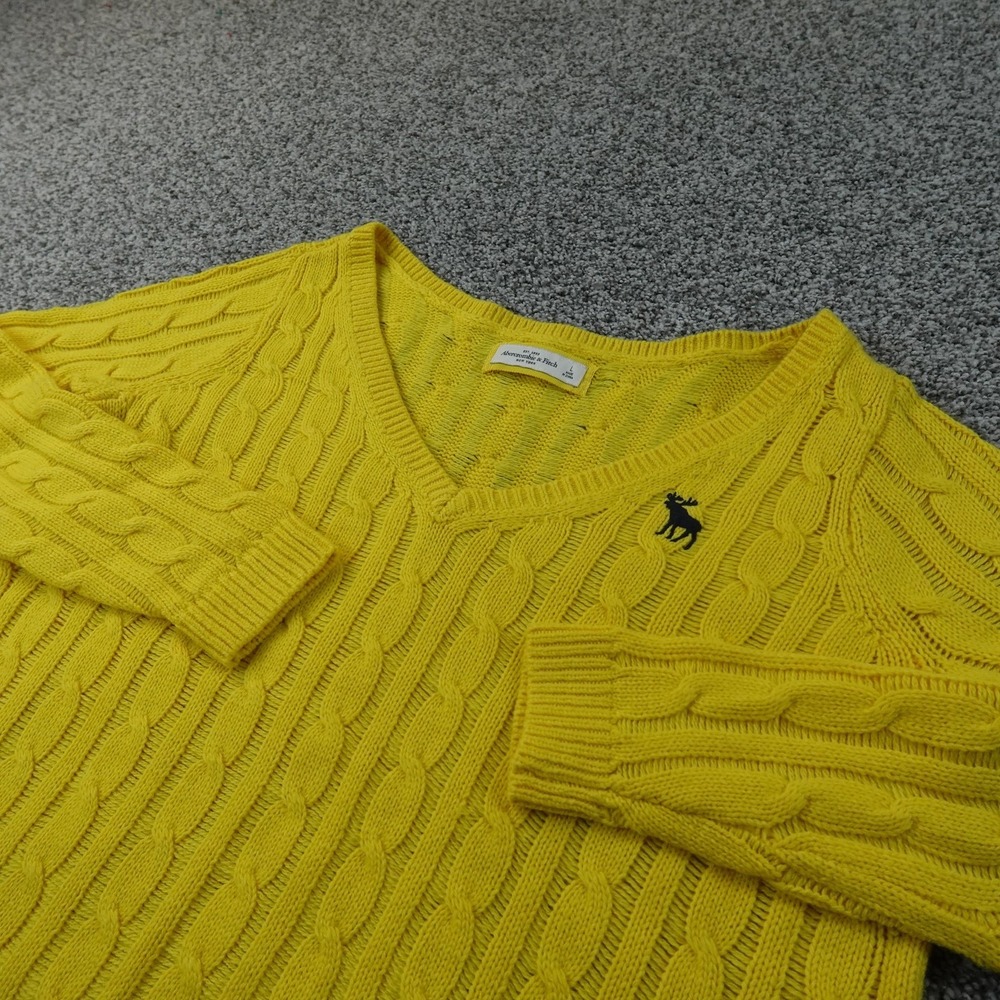 Abercrombie Fitch Sweater Womens L Yellow Cable Knit Wool V Neck Pullover Moose